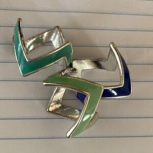 Set of Silver Metal Chevron Stacking Rings with Green and Blue Enamel